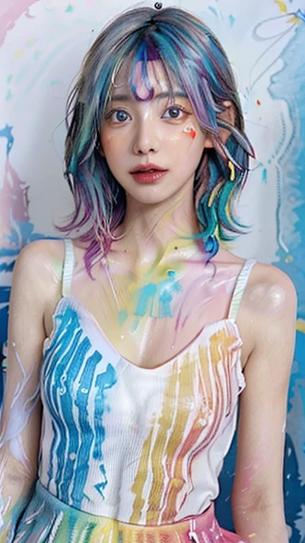 （Pink Fashion T-Shirt：1.9），(colorfulな髪: 1.8), (All the colors of the rainbow: 1.8),(((((vertical painting：1.6))), （painting：1.6），front, comics, figures, paintings, Big eyes, Clear eyes,（ Rainbow gradient high ponytail：1.7）, Exquisite makeup, Mouth closed,(Small Fresh: 1.5),(Wipe the chest: 1.6) ，Long eyelashes, White off-the-shoulder T-shirt,  White shoulder shirt，Looking at the audience, Big teary eyes, (Rainbow Hair：1.6), カラーsplash, （alone：1.8）, カラーsplash, An explosion of colors, thick paint style, Messy Lines, ((The Shining))，(colorful), (colorful), (colorful), colorful, Thick paint Style, (splash) (Color splash), Vertical painting, Upper Body, paint splash, Acrylic Pigments, Slope, paint, Best image quality, highest quality, masterpiece, alone, Depth of written boundary, Face paint,  colorful clothes, (elegant: 1.2), nice,Long Hair, Wind, (elegant: 1.3), (petal: 1.4)，(((masterpiece))),(((highest quality))),((Super detailed)),(figure),(Dynamic Angle),((floating)),(paint),((Disheveled Hair)),(alone),(One girl) , (((Detailed anima face))),((Beautifully detailed face)),collar,Exposing shoulders,Gray Hair, ((colorful hair)),((Striped Hair)),Beautiful fine details,(Slope color eyes),(((colorful eyes))),(((colorful background))),(((High chroma))),(((surrounded by colorful splashes))),
