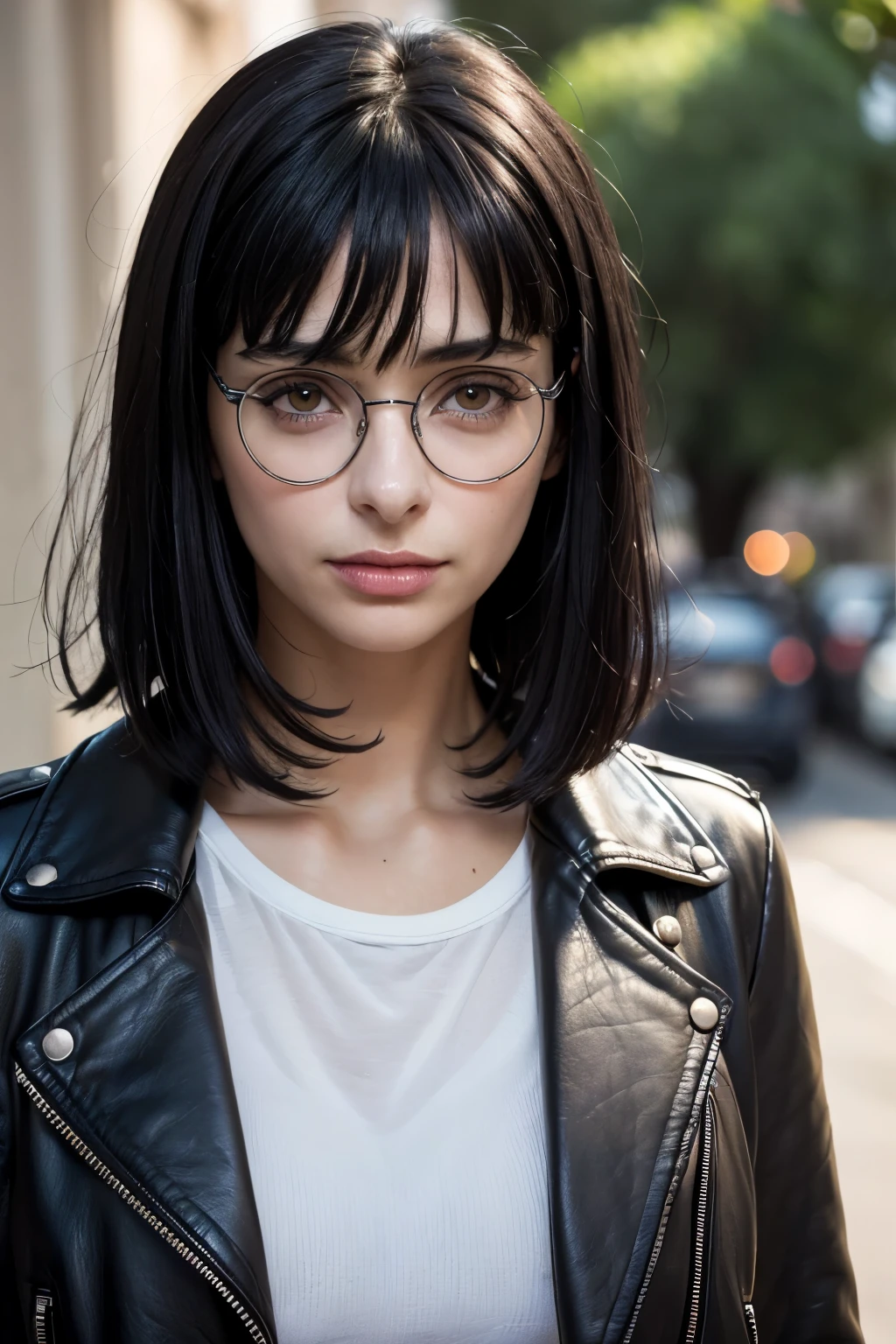 (photo of the face, close-up of the face)(16-year-old woman), (black hair, short hair, bangs, hair down to the shoulders) ((round glasses on the face, purple eyes))(white skin) western face, dark circles, sad and tired and droopy face, pimples on face, thin nose, ((best quality)), ((ultra resolution) ), ((Photorealistic: 1.4)), (complex details), (clothes: black clothes, leather jacket , rocker), thin waist.