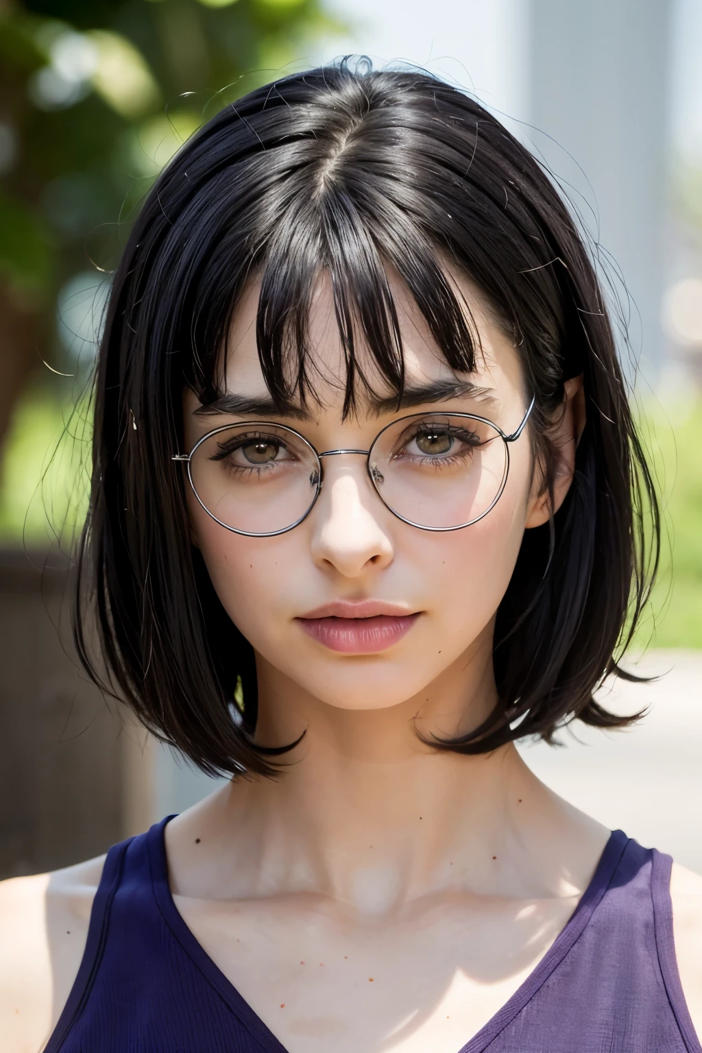 (photo of the face, close-up of the face)(-yeld wo), (black hair, short hair, bangs, hair down to the shoulders) ((round glasses on the face, purple eyes))(white skin) western face, dark circles, sad and tired and droopy face, pimples on face, thin nose, ((best quality)), ((ultra resolution) ), ((Photorealistic: 1.4)), (complex details), (clothes: full naked), thin waist.