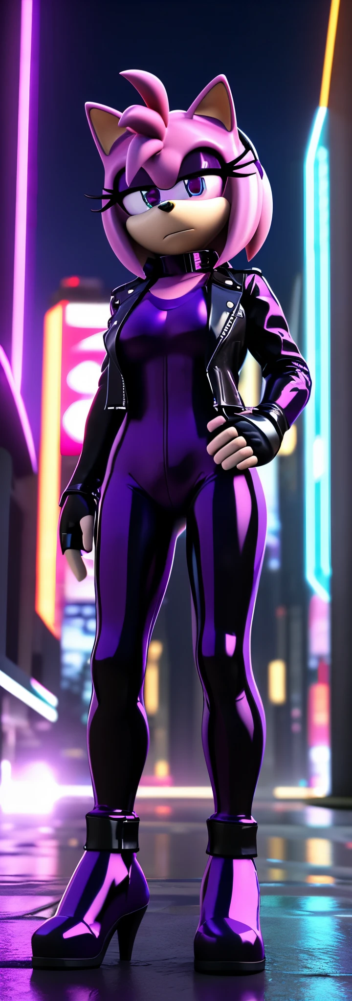 Solo, 1girl, full body image, rendered in SFM, ((sonic oc:1)), from sonic, high detail iconic character, in the new action-movie sonic, cyberpunk city, official render, 3d render official art, toon shader, ((female)), (((purple hedgehog:1))), ((shiny)) (purple fur:1.0), (((Amy rose style quills))), (((metallic purple eyeliner))) ((deep purple eyes:1.5)), ((calm neutral expression)), ray trace 4 k, ray trace 4k, (((metallic purple latex bodysuit))), (((leather jacket))), ((fingerless gloves:0.9))