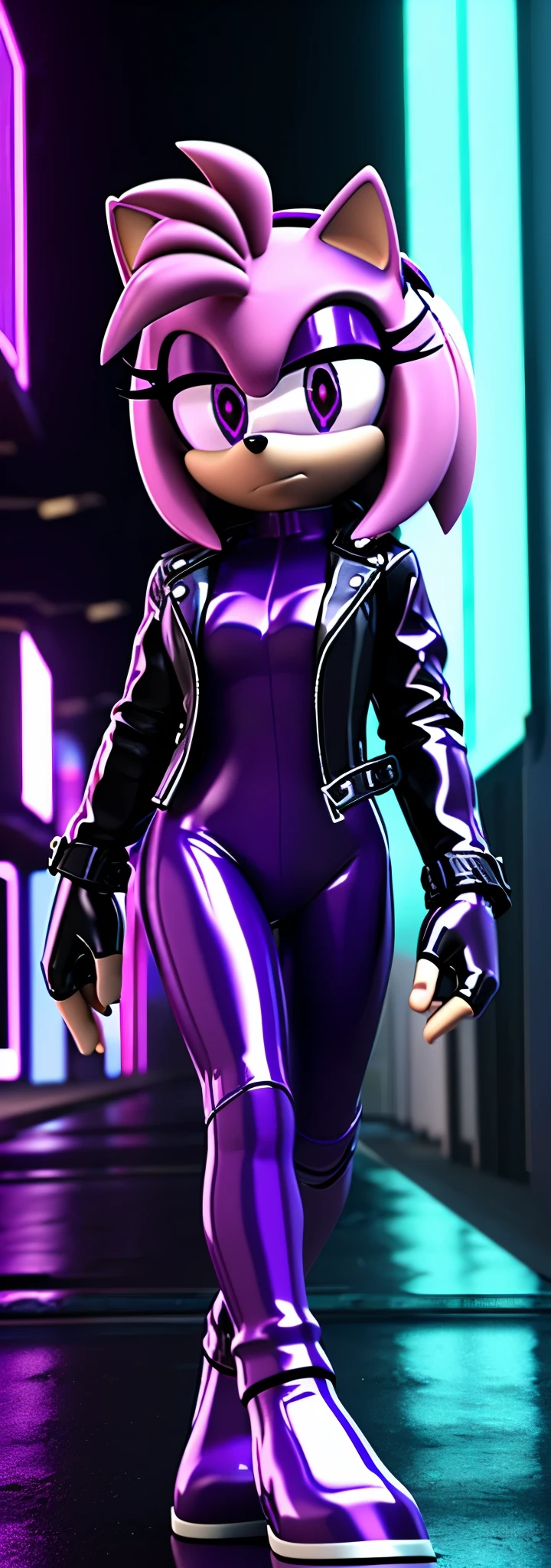 Solo, 1girl, full body image, rendered in SFM, ((sonic oc:1)), from sonic, high detail iconic character, in the new action-movie sonic, cyberpunk city, official render, 3d render official art, toon shader, ((female)), (((purple hedgehog:1))), ((shiny)) (purple fur:1.0), (((Amy rose style quills))), (((metallic purple eyeliner))) ((deep purple eyes:1.5)), ((calm neutral expression)), ray trace 4 k, ray trace 4k, (((metallic purple latex bodysuit))), (((leather jacket))), ((fingerless gloves:0.9))