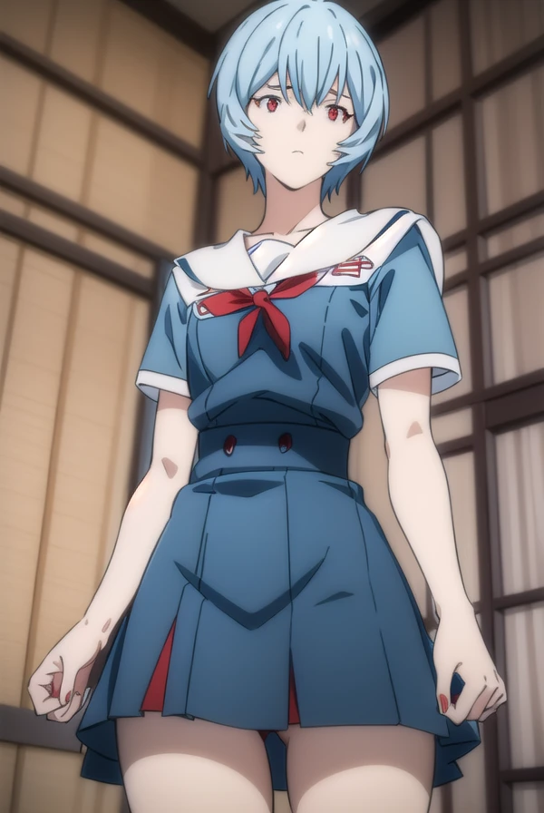 reiayanami, Rei Ayanami, Blue Hair, short hair, (Red eyes:1.5), (Small breasts:1.2),
Sailor suit、mini skirt、Thighs、Skirt lifted、Cute Panties、
break indoors, classroom,
break looking at viewer, (Cowboy Shot:1.5),
break (masterpiece:1.2), highest quality, High resolution, unity 8k wallpaper, (figure:0.8), (Beautiful fine details:1.6), Highly detailed face, Perfect lighting, Highly detailed CG, (Perfect hands, Perfect Anatomy),