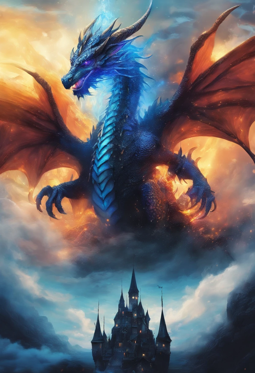 Dragon give bright blue eye, with 3 heads in the black castle,with sky is bright rays and rain gives fire, falling to the earth give fire 