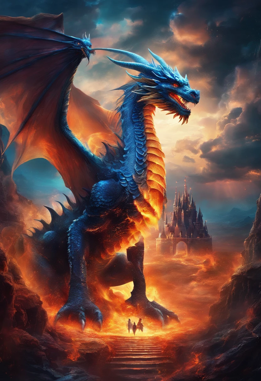Dragon give bright blue eye, with 3 heads in the black castle,with sky is bright rays and rain gives fire, falling to the earth give fire