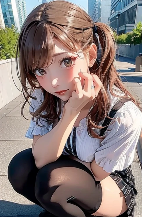 Girl in summer clothes, Loud bangs、White blouse and black plaid skirt, Squatting on the ground, Looking straight ahead, Black stockings or long stockings, Make it as if she wants to kiss you, View from the Viewer, Close-up photos, medium breasts, Cityscape, flirtatious look, ((Very detailed)), (Perfectly detailed face), (Well detailed hands), (Well detailed hands) Photorealistic images.