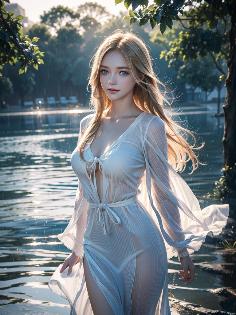 high resolution、 beautiful Woman （Dasha Taran）、Thoughtful expression、Clear photos、Realistic photos、Blonde Hair、Blue Eyes、Smiling kindly at the audience、High resolution、Dynamic Movement、Highly realistic photos、Extremely detailed depiction、Stylish clothes、rain、Wet