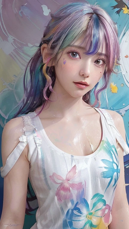 (Pink Fashion T-Shirt:1.9),(colorfulな髪: 1.8), (All the colors of the rainbow: 1.8),(((((vertical painting:1.6))), (painting:1.6),front, comics, figures, paintings, Big eyes, Clear eyes,( Rainbow gradient high ponytail:1.7), Exquisite makeup, Mouth closed,(Small Fresh: 1.5),(Wipe the chest: 1.6) ,Long eyelashes, White off-the-shoulder T-shirt, White shoulder shirt,Looking at the audience, Big teary eyes, (Rainbow Hair:1.6), カラーsplash, (alone:1.8), カラーsplash, An explosion of colors, thick paint style, Messy Lines, ((The Shining)),(colorful), (colorful), (colorful), colorful, Thick paint Style, (splash) (Color splash), Vertical painting, Upper Body, paint splash, Acrylic Pigments, Slope, paint, Best image quality, highest quality, masterpiece, alone, Depth of written boundary, Face paint, colorful clothes, (elegant: 1.2), nice,Long Hair, Wind, (elegant: 1.3), (petal: 1.4),(((masterpiece))),(((highest quality))),((Super detailed)),(figure),(Dynamic Angle),((floating)),(paint),((Disheveled Hair)),(alone),(One girl) , (((Detailed anima face))),((Beautifully detailed face)),collar,Exposing shoulders,Gray Hair, ((colorful hair)),((Striped Hair)),Beautiful fine details,(Slope color eyes),(((colorful eyes))),(((colorful background))),(((High chroma))),(((surrounded by colorful splashes))),