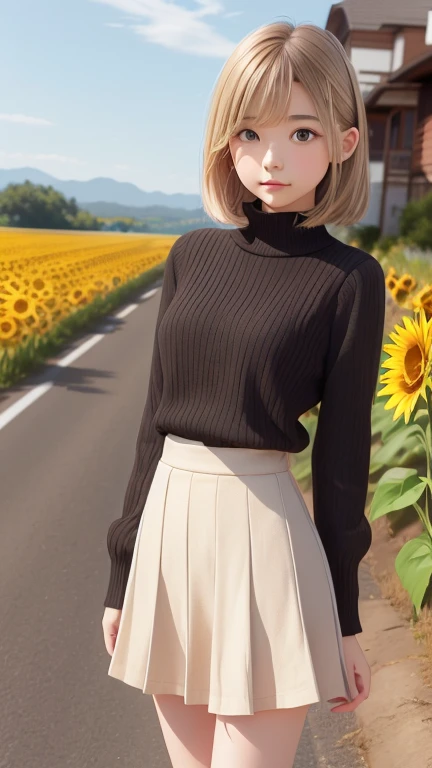 detailed face, cute face, masterpiece, top quality, super detailed, illustration, wide angle, one girl standing in the middle of the road, alone, yellow sunflower field on the middle road and roadside, full body, 20s, blonde hair, sweater, short skirt, fashion,, composition, balance, harmony, rhythm, color, light, shadow, reflection, refraction, tone, contrast, foreground, middle way, background, naturalistic, figurative, expressive.