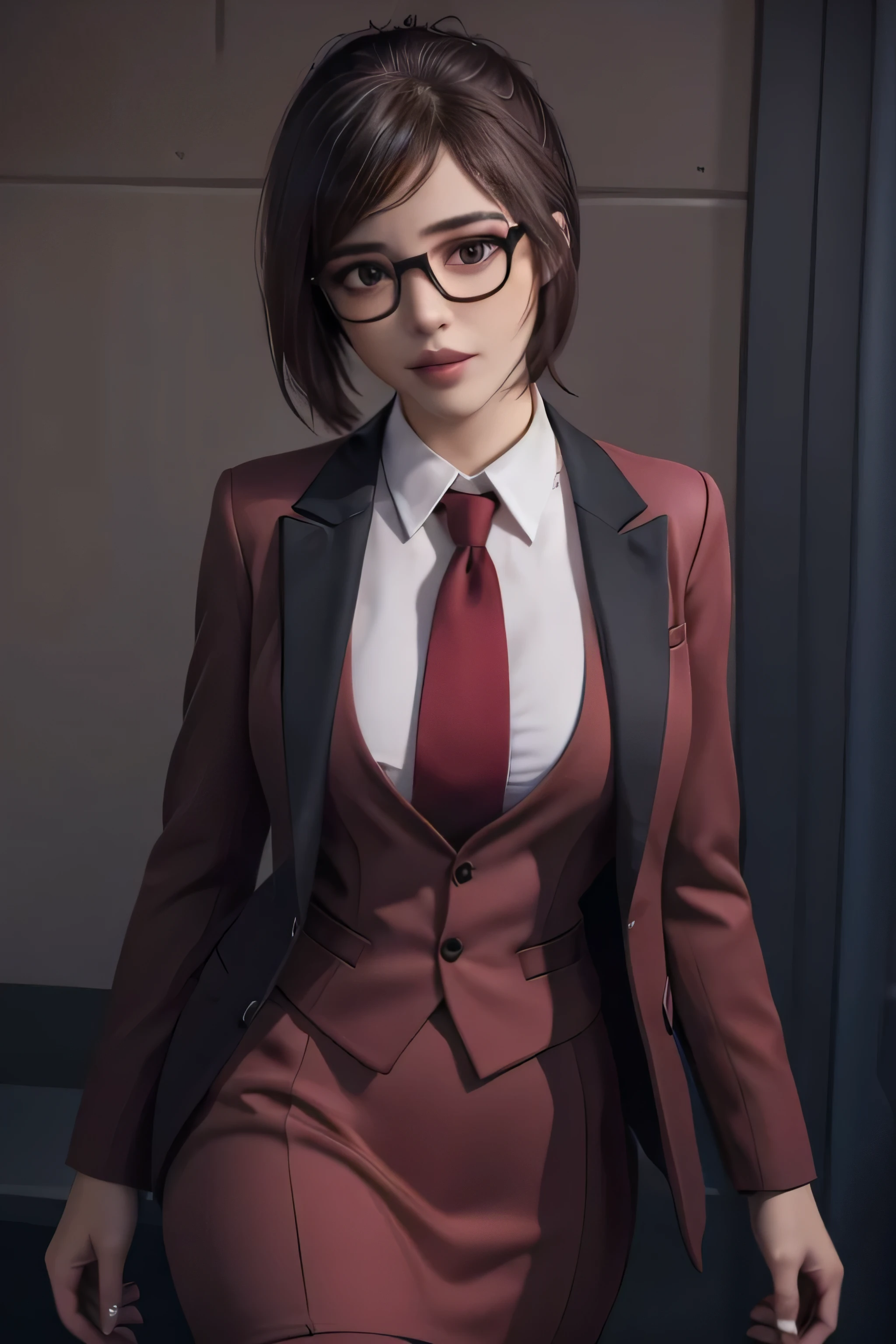 realistic, realism, photorealism, photo-realistic, high contrast, (photorealistic:1.4), 8k high definition detailed realistic,  (best quality, masterpiece:1.2),  photon mapping, radiosity, physically-based rendering, best quality, highly detailed, 1girl, owmei, cream skirt suit, suit and tie, (((three-piece suit))), pink silk dress shirt with white collar, shirt and tie, (((maroon necktie))), ((blazer)), ((suit jacket)) ((waistcoat with lapel)), (((bodycon pencil miniskirt))), formal, business, red lipstick, smile, hair bun, glasses, sitting, (((high collar))), (((tailored bespoke suit))), hair pin, bedroom eyes, smirk, confident, cufflinks, (((shiny clothes)))