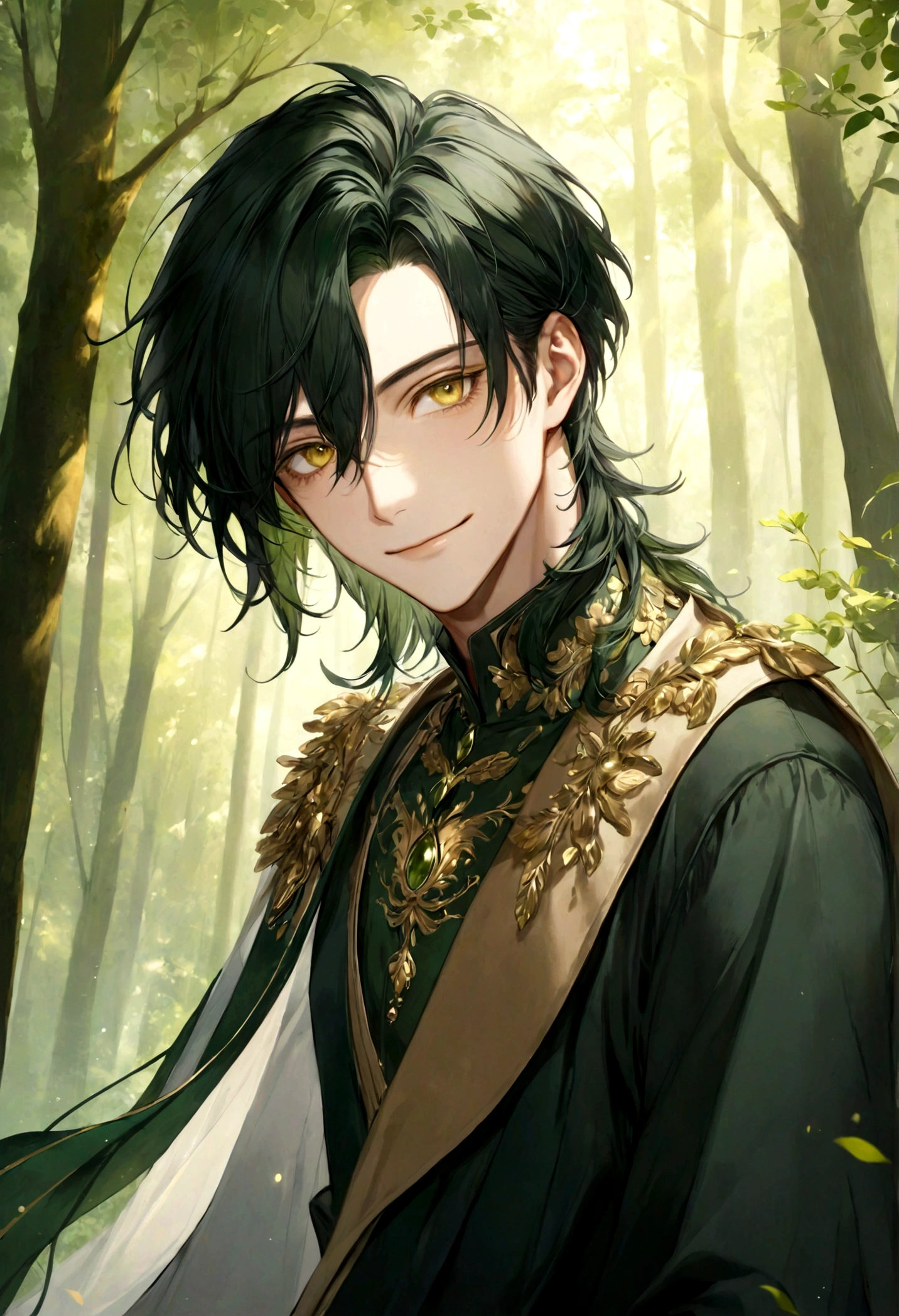 ((top-quality)), ((​masterpiece)), ((ultra-detailliert)), (extremely delicate and beautiful), handsome man, dark green hair, golden eyes, forest background, serene expression, gentle smile