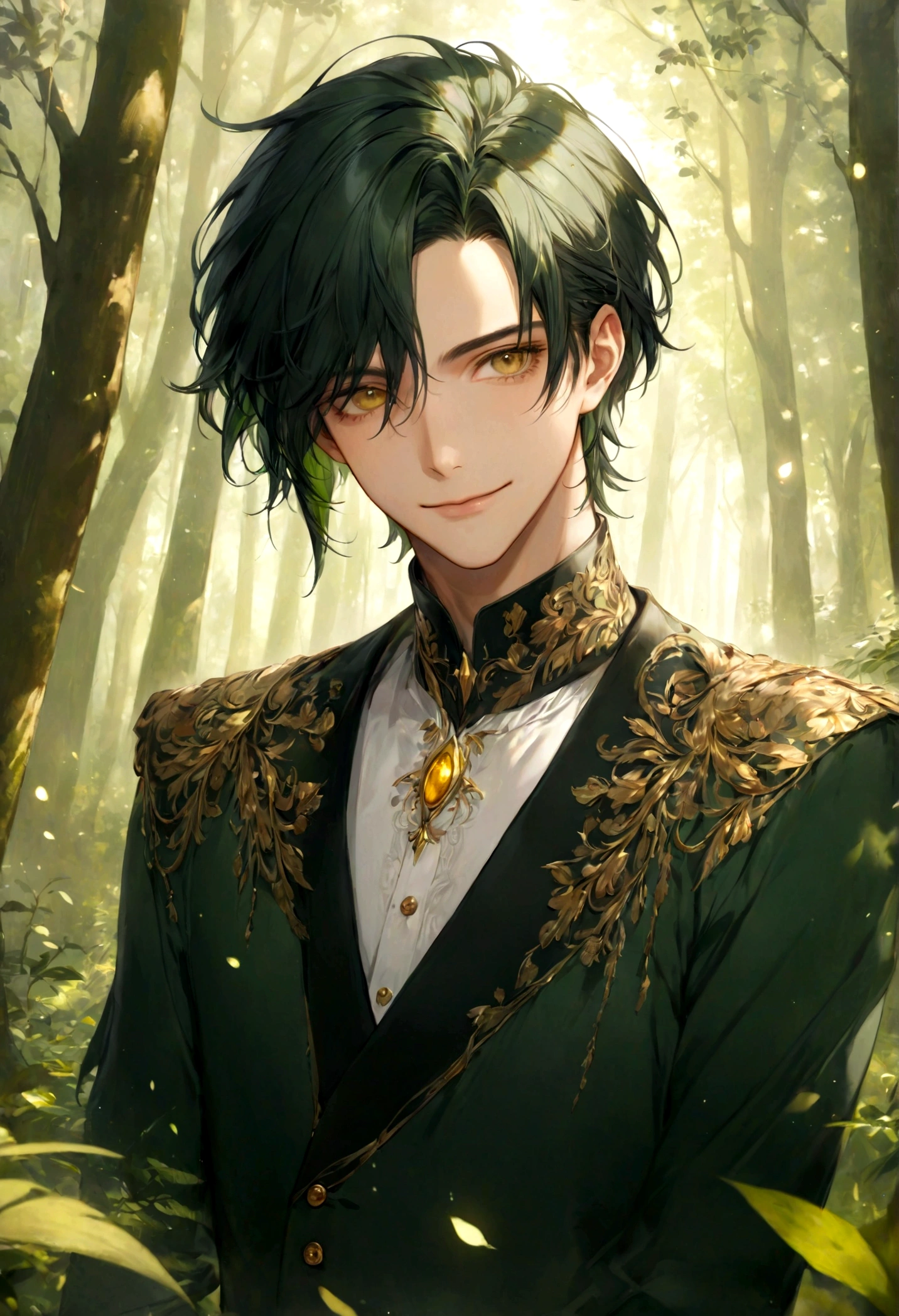 ((top-quality)), ((masterpiece)), ((ultra-detailliert)), (extremely delicate and beautiful), handsome man, dark green hair, golden eyes, forest background, serene expression, gentle smile