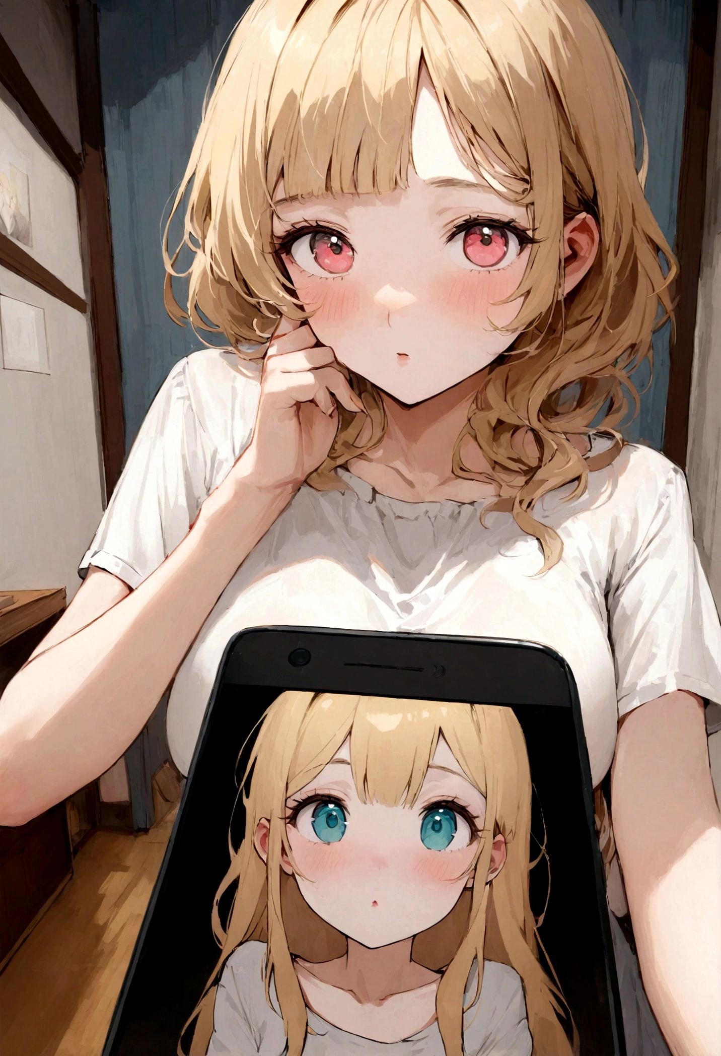 Une femme dans un T-shirt et une culotte assortis, fille sexy aux yeux bleus, Portrait de Sophie Mudd, Portrait de Corinne Kopf, blond hair and large eyes, selfie d'une jeune femme, Sans maquillage, maquillage naturel, Regardez directement dans la caméra, visage avec artgram, maquillage subtil, Excellente photographie en pied, dans une salle, gros seins, blond, latine