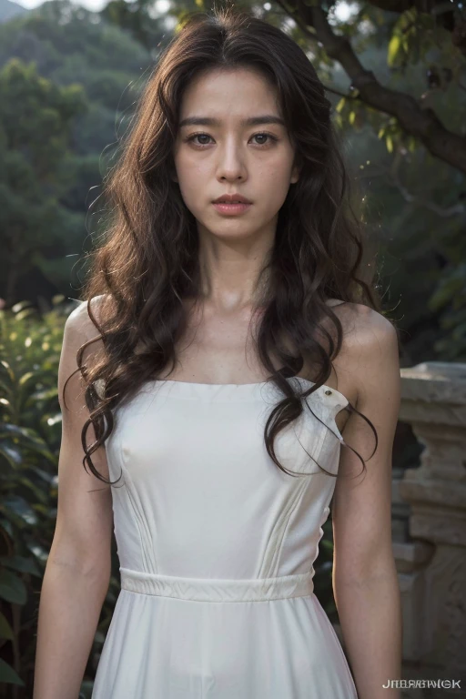 (Clear focus:1.2), photo, Attractive young woman, (Pretty Face:1.1), delicate eyes, Sweet lips, (Smoky Eyes:0.85), (Medium breasts:1.0), (athletic body:1.2), (curls:1.2), Wear (very long dress:1.2) exist (Cliff Edge:1.2). (Mood lighting:1.2), Depth of Field, Bokeh, 4k, HDR. go through (James C.. Christensen:1.2|Jeremy Lipkin:1.1).