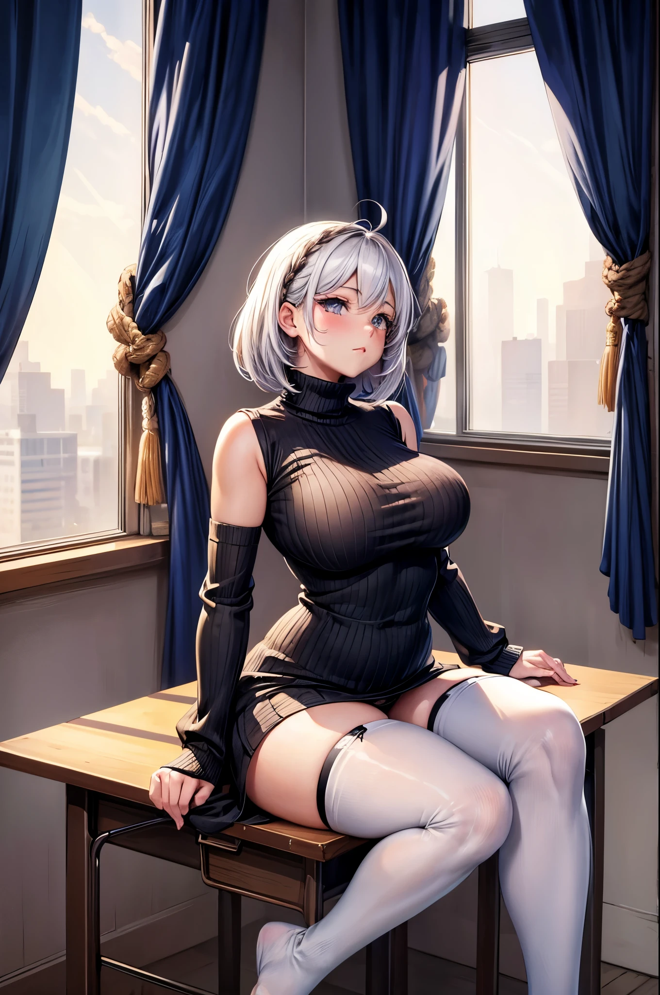 score_9, score_8_up, score_7_up, Expressiveh,
1girl, cute girl, 20 years old, detailed face, cute face, adorable eyes, supermodel, fit body, curvy body, oversized sweater, classroom, student's desk, holding pencil, no panties, naked pussy, knees together, feet apart, ((thigh high socks)), bob hairstyle, looking in the window slight blush, ((butt plug visible))