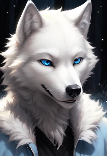 Male wolf realistic white fur blue eyes imposing submissive 