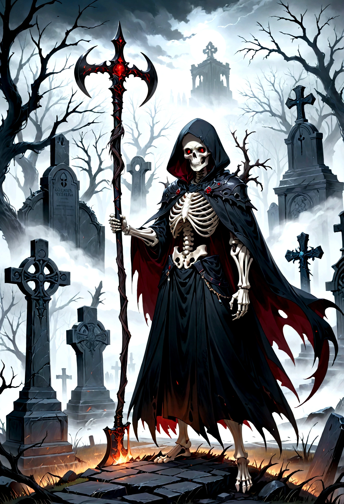Front view, ominous and dramatic lighting, a menacing skeleton necromancer with glowing red eyes, gripping a large, ornate scythe, clad in a glossy, wet-look black hooded cloak, standing amidst an ancient, decrepit cemetery, surrounded by gnarled, dead trees and thick, rolling fog, intricate textures on the weathered tombstones and the necromancer's attire, styled in the dark, fantastical manner of Greg Rutkowski, 8k resolution, HDR, masterpiece quality, ultra-detailed and realistic rendering, the atmosphere eerie and foreboding, background featuring twisted branches, cracked gravestones, and dense mist, the composition meticulously balanced and visually arresting