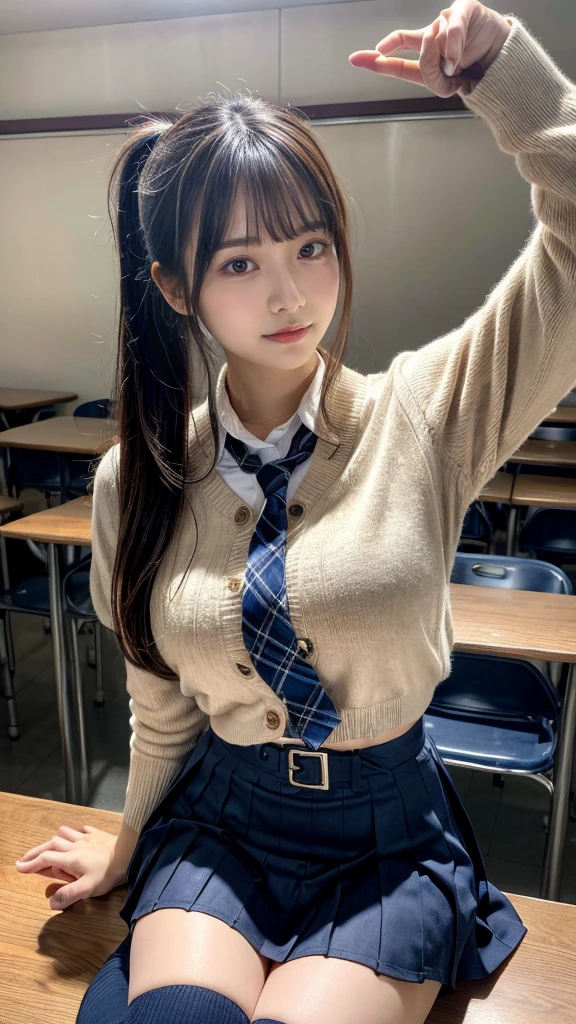 masterpiece, best quality, illustration, Super detailed, fine details, High resolution, 8K,wall paper, perfect dynamic composition,(Details High quality, realistic depiction of eyes:1.3), High School Classroom、High school girl uniform、Cardigan、Super Short Check Uniform Skirt、Navy blue high socks、garterbelts、Colossal tits、Disturbed uniform、low ponytail, black hair color, Big Natural Color Lip, bold sexy pose, (perfect body shape), crying a little、cold gaze, Harajuku style、20 year old girl、cute type, beautiful legs, hposing Gravure Idol, Voluptuous thighs