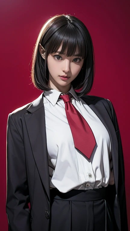 (masterpiece, Confused, highest quality:1.2), One 13-year-old girl, Janko TV, Portraiture, need, whole body, finely, Written boundary depth, Shine, High resolution, original, Perfect lighting, flashy, Centered, Realistic Face, Photorealism, (Red suit and pants), (White shirt, Red tie), (black, Bobcut),Fantasy Castle Background, Fantasy Dungeon, Vampire lover, (Pointy Ears, Sharp teeth, Sharp Fangs, Vampire Teeth), Blunt bangs, (old)