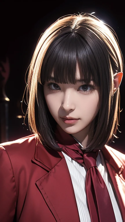 (masterpiece, Confused, highest quality:1.2), One , Janko TV, Portraiture, need, whole body, finely, Written boundary depth, Shine, High resolution, original, Perfect lighting, flashy, Centered, Realistic Face, Photorealism, (Red suit and pants), (White shirt, Red tie), (black, Bobcut),Fantasy Castle Background, Fantasy Dungeon, Vampire lover, (Pointy Ears, Sharp teeth, Sharp Fangs, Vampire Teeth), Blunt bangs, (old)