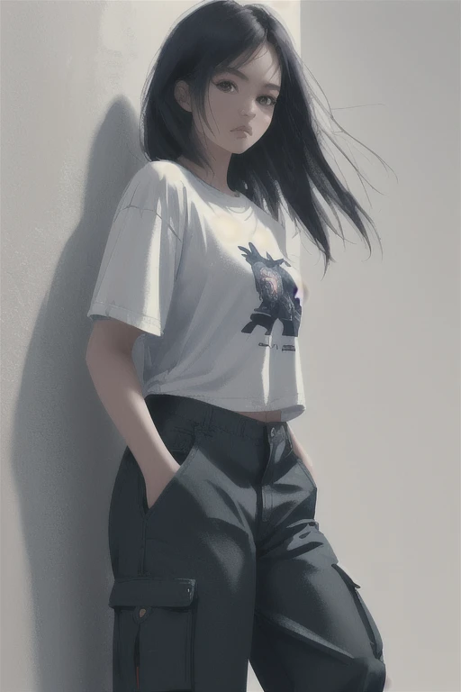 1girl, solo, oversize cargo pants, oversized tshirt, artwork on the Tshirt, posing for a photo shoot, looking at the viewer, neutral expression, ((hands in pants pocket)), aesthetic, awe-inspiring, cool, digital art, high resolution, ((masterpiece, 8k,wlop)), (plain background)