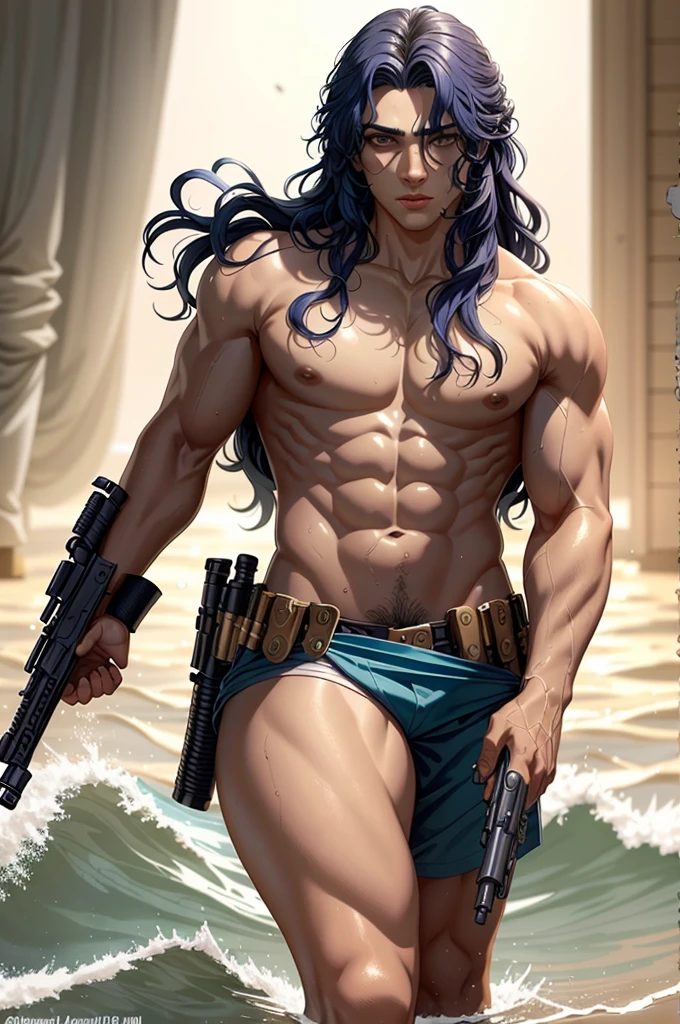 Create a young male Poseidon with gun in hand, identical to Marvel&#39;s Namor, mar agitado, tons escuros, seminu, Bareleged, barefoot with wings, Cabo Dominador, cana de coral, Abs, Cabelo azul-escuro, Short fur, dando ordens, rough sea at water stations, olhos dominadores, Stand, corpo inteiro, Feet, Heavy breathing, panorama, anel do mamilo, anel de metal no peito, Color gas, large shark tooth necklace, Tanga, panorama, partially underwater shot，lateralmente, 8k, corpo inteiro.