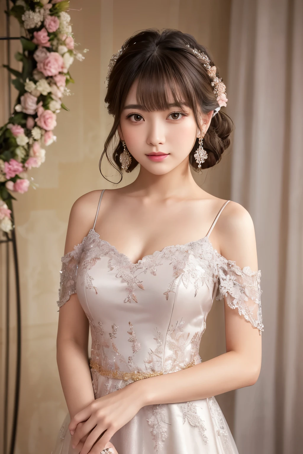 A young woman stands in front of a decorative background、Wearing a silver lace dress。The dress is transparent、Decorated with delicate lace、Open shoulder and neck design。Her hair is in a short bob、It is nicely arranged。Wear simple earrings、The makeup is natural yet feminine.。

The background is decorated with luxurious gold and pink ornaments.、It contrasts beautifully with the silver of the dress.。There is lace and floral detailing all around.、The overall look exudes a romantic and elegant atmosphere.。Her expression is full of confidence.、Staring straight at the camera。

The woman&#39;s pose is natural and relaxed.、It gives a sense of stability to the overall composition.。The details of the dress and the background are in harmony.、It enhances her presence even more.。