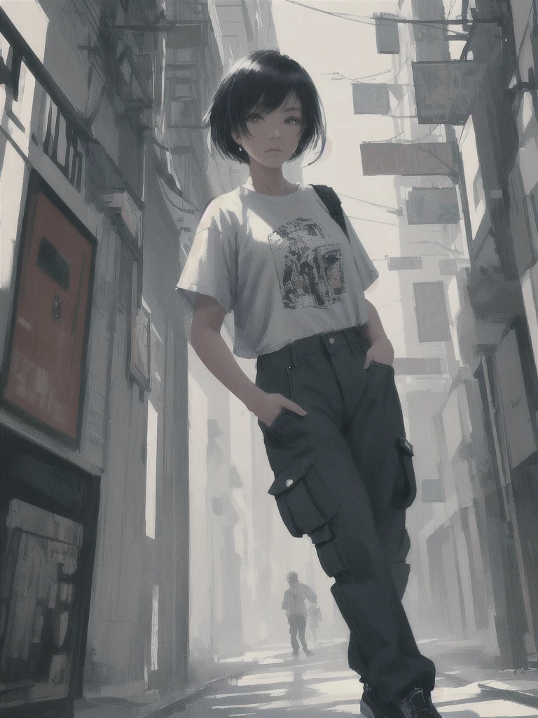 1girl, solo, oversize cargo pants, oversized tshirt, artwork on the Tshirt, posing for a photo shoot, looking at the viewer, neutral expression, ((hands in pants pocket)), aesthetic, awe-inspiring, cool, digital art, high resolution, ((masterpiece, 8k,wlop)), (plain background)