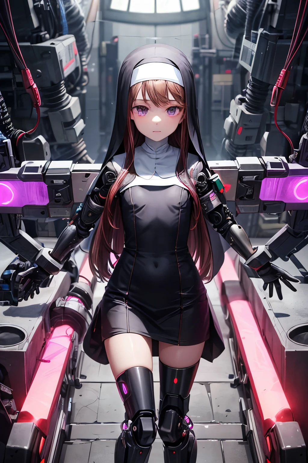   girl ,girl 12 year old  , futuristic nun suit dress ,flat  chest ,long brown hair frinje ,(loli body), mechanic-headband, purple leds ,purple  light auréola,   quality, 8k ,nun uniform , Cyborg arms. Mechanical Limbs Metal,  Mechanical legs .Power cablles conected in machine. Circuitos , praying. 