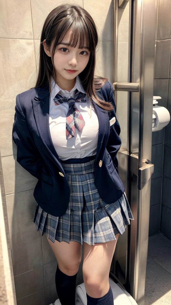 masterpiece, best quality, illustration, Super detailed, fine details, High resolution, 8K,wall paper, perfect dynamic composition,(Details High quality, realistic depiction of eyes:1.3), (Toilet cubicles:1.2), (urinal)、High school girl uniform、blazer 、Super Short Check Uniform Skirt、Navy blue high socks、garterbelts、 large breasts, expresses the roundness and softness of your chest, Don't expose it、Disturbed uniform, straight hair, black hair color, Big Natural Color Lip, perfect body shape, crying a little、Harajuku style、20 year old girl、cute type, beautiful legs, Gravure Idol