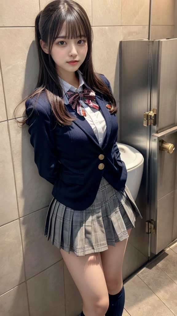 masterpiece, best quality, illustration, Super detailed, fine details, High resolution, 8K,wall paper, perfect dynamic composition,(Details High quality, realistic depiction of eyes:1.3), (Toilet cubicles:1.2), (urinal)、High school girl uniform、blazer 、Super Short Check Uniform Skirt、Navy blue high socks、garterbelts、 large breasts, expresses the roundness and softness of your chest, Don't expose it、Disturbed uniform, straight hair, black hair color, Big Natural Color Lip, perfect body shape, crying a little、Harajuku style、20 year old girl、cute type, beautiful legs, Gravure Idol
