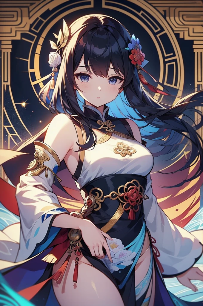 (masterpiece)、(highest quality)、((Super detailed))、(super delicate)、naughty chinese princess、Pastel colors hair、beautiful breasts、gorgeous castle、Fantastic starry sky、Rainbow Ring