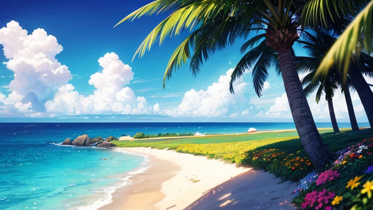 Summer, beach, a few small flowers, heavenly views, large clouds, blue skies, hot weather, HD detail, wet watermarks, hyper-detail, cinematic, surrealism, soft light, deep field focus bokeh, ray tracing, and surrealism. --v6 no model