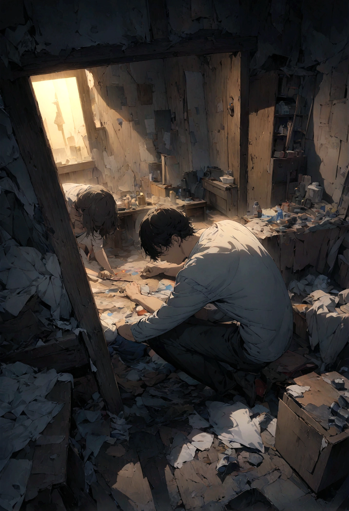 (masterpiece, top quality, best quality, official art, beautiful and aesthetic:1.2), a man in messy room, night, moody, super detailed drawing line, ilustration