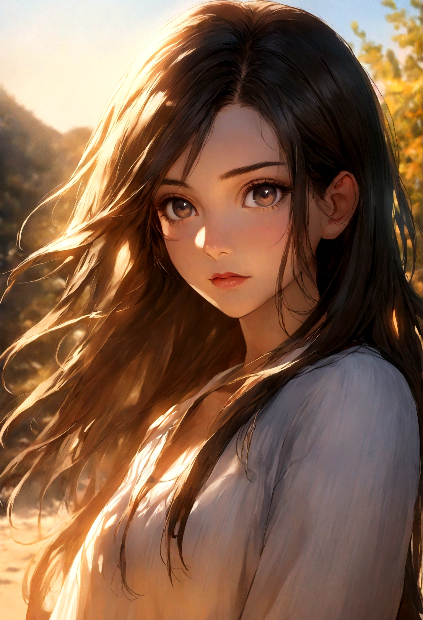 A photorealistic portrait of a 21-year-old colombian girl with long, flowing dark hair and striking dark eyes. She should have a natural, approachable expression and be illuminated by soft, golden-hour sunlight. The background should be a scenic outdoor setting, perhaps a sunlit park or beach. Capture this image with a high-resolution photograph using an 85mm lens for a flattering perspective.