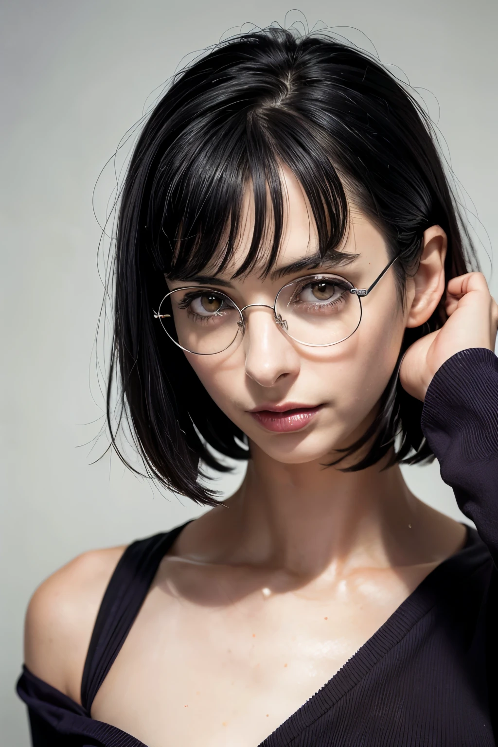 (photo seen from below, focus on the vagina)( woman), (black hair, short hair, bangs, hair down to her shoulders) ((round glasses on her face, purple eyes))(white skin) western face, dark circles , sad and tired and droopy face, pimples on the face, thin nose, ((best quality)), ((ultra resolution) ), ((Photorealistic: 1.4)), (complex details), (clothes: full naked), waist slim.