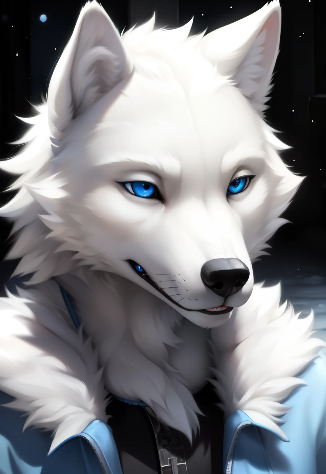 Man wolf white fur realistic blue eyes imposing submissive limb exit