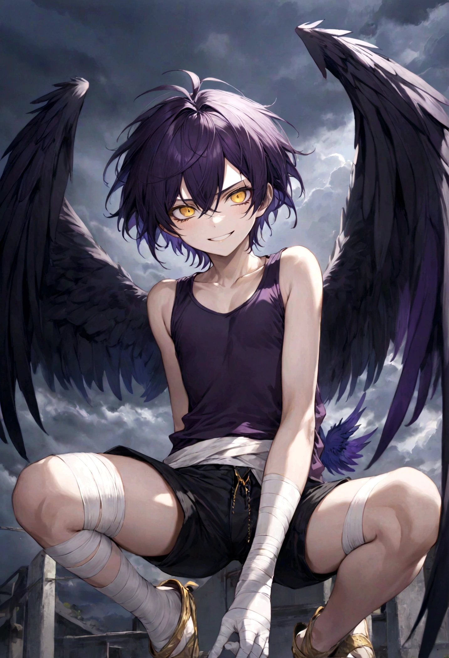 ((top-quality)), ((masterpiece)), ((ultra-detailliert)), (extremely delicate and beautiful), harpy boy, bandages on feet, mischievous smile, dark purple hair, golden eyes, constricted pupils, dark purple wings, well fitted black tank top, dark black shorts, stormy sky background