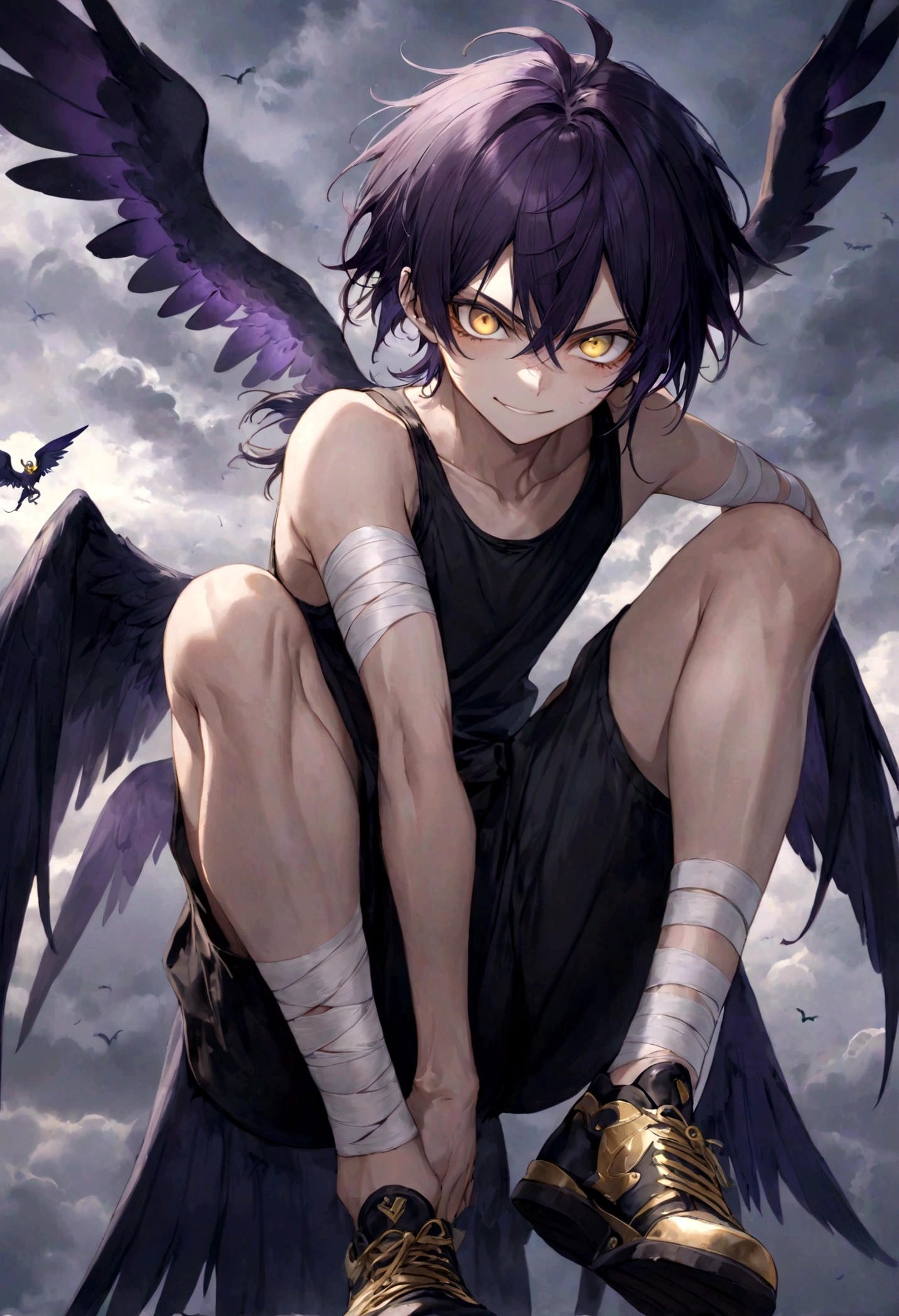 ((top-quality)), ((masterpiece)), ((ultra-detailliert)), (extremely delicate and beautiful), harpy boy, bandages on feet, mischievous smile, dark purple hair, golden eyes, constricted pupils, dark purple wings, well fitted black tank top, dark black shorts, stormy sky background