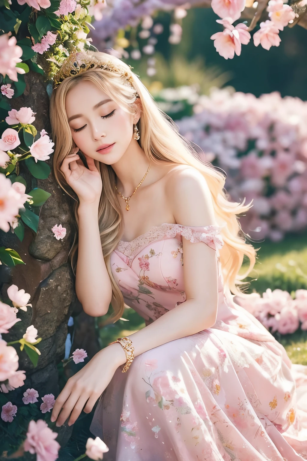 In a fantasy background、A young woman is posing in a glamorous pink dress。The dress has a floral design、Floral motifs and ribbons are used throughout.。Her long blonde hair flutters in the wind、It flows softly。The volume of the dress and the detailed decoration、It makes you feel like a princess in a fairy tale.。

The woman's expression is calm and、He has his eyes closed and seems to be in deep thought.。On her wrist she has gold jewelry、It enhances the overall elegance。Pale pink petals fluttering in the background、Emphasizing the dreamy and romantic atmosphere。

as a whole、This scene is full of romantic and fantasy elements.、Gives a gorgeous and beautiful image。