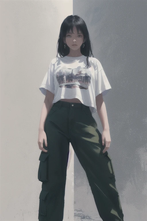 1girl, solo, oversize cargo pants, oversized tshirt, artwork on the Tshirt, posing for a photo shoot, looking at the viewer, neutral expression, aesthetic, awe-inspiring, cool, digital art, high resolution, ((masterpiece, 8k,wlop)), (plain background)