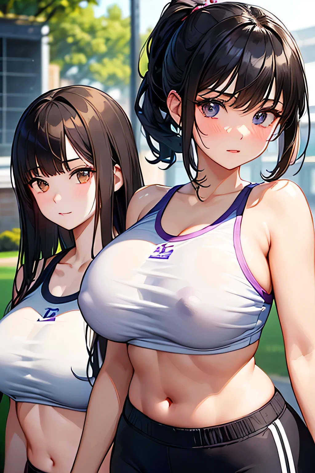 highest quality、High resolution、Detailed Background、(Beautiful face in every detail:1.4)、Anatomically correct、(Detailed expressions)、(Detailed eyes:1.2)、Teenagauty、(Highly detailed face:1.4)、(Huge breasts:1.3)、Black Hair、Brown Hair、Bobcut、ponytail、attractive thick thighs、Accentuate your underboob、Healthy Beauty、Embarrassed look、Show your side、
(Three beautiful girls in gym clothes are looking at me coldly in the schoolyard.:1.5)、
(Crouching down, from a true-below angle:1.5)、Ultra-close-up of the real thing、
(close-up underwear From below), From below, (Underboob:1.3)