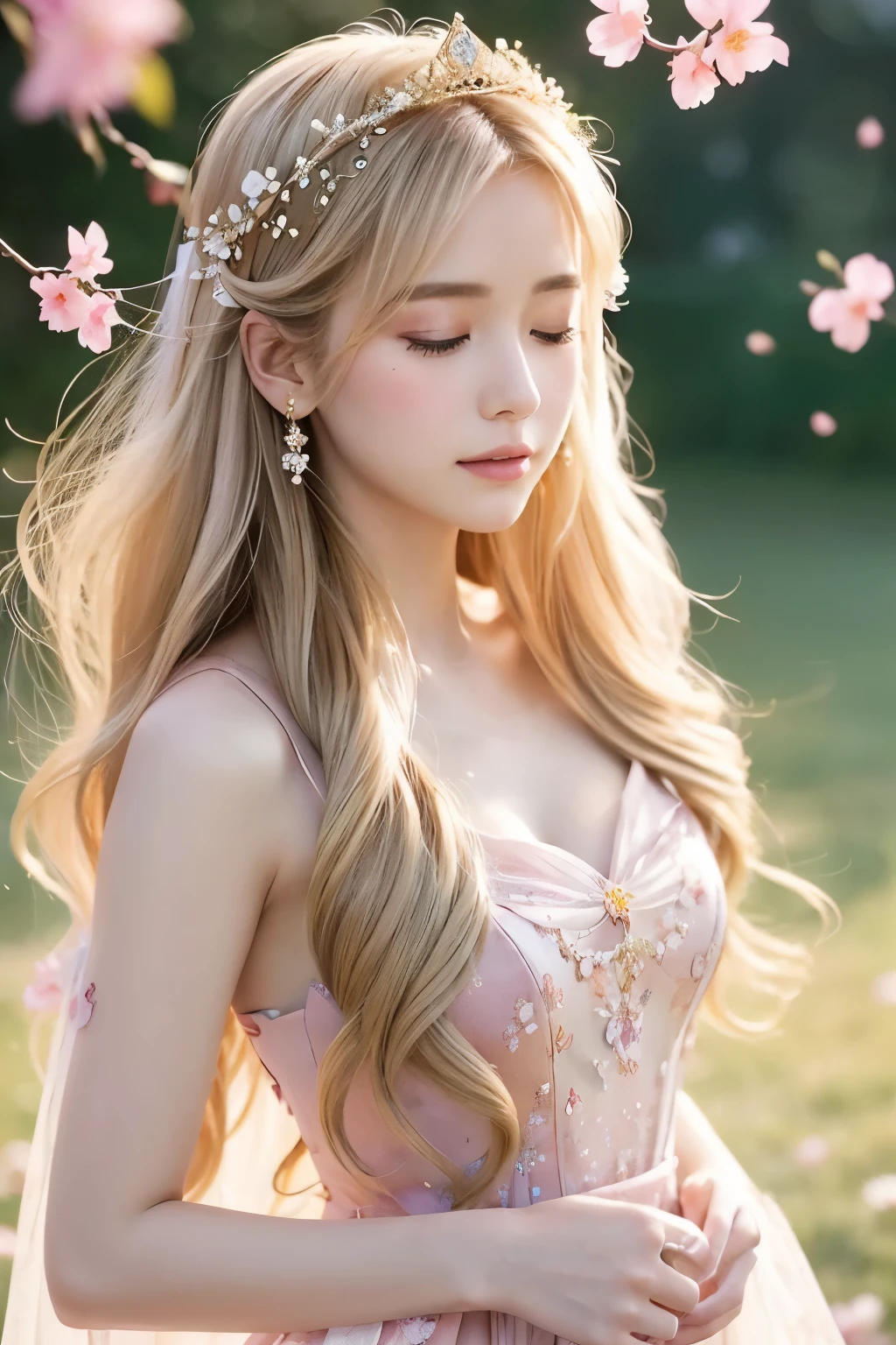 In a fantasy background、A young woman is posing in a glamorous pink dress。The dress has a floral design、Floral motifs and ribbons are used throughout.。Her long blonde hair flutters in the wind、It flows softly。The volume of the dress and the detailed decoration、It makes you feel like a princess in a fairy tale.。
The woman's expression is calm and、He has his eyes closed and seems to be in deep thought.。On her wrist she has gold jewelry、It enhances the overall elegance。Pale pink petals fluttering in the background、Emphasizing the dreamy and romantic atmosphere。
as a whole、This scene is full of romantic and fantasy elements.、Gives a gorgeous and beautiful image。