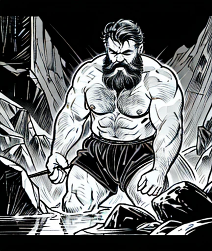 (best quality,4k,8k,highres,masterpiece:1.2),ultra-detailed,(realistic,photorealistic,photo-realistic:1.37),a cheerful dwarf with a well-built and stocky physique is tirelessly digging for valuable minerals in a dimly lit mine. His face is adorned with a bright smile, radiating his infectious joy. His long, curly black hair and beard tastefully contrast against his fair skin, adding a touch of ruggedness to his otherwise friendly appearance. In the flickering glow of the lanterns, his bulging muscles showcase his strength and determination. The mine walls are adorned with veins of glimmering gemstones and the air is filled with the scent of earth and minerals. Illuminated by the warm and subdued light, the dwarf's eyes sparkle with excitement as he unearths precious ores from the depths of the earth. The reflection of the minerals on his hardened hands creates a mesmerizing pattern of colors and textures. With each swing of his sturdy pickaxe, the sound of metal meeting stone echoes throughout the cavernous mine. The dwarf's cheerful demeanor remains unwavering as he continues his search for the hidden treasures beneath the surface.