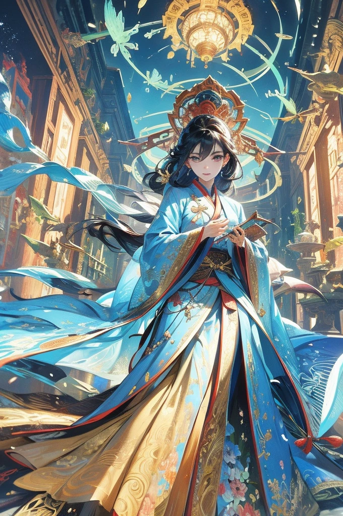 Belleza china antigua sentada en piedra, vistiendo un traje chino antiguo, tul azul fluido, seda ligera, pose perezosa, grandes hojas de loto, Flores de loto, estilo de pintura de tinta, colores limpios, corte decisivo, a mano, obra maestra, Super detailed, epic composition, Alta calidad, Of the highest quality