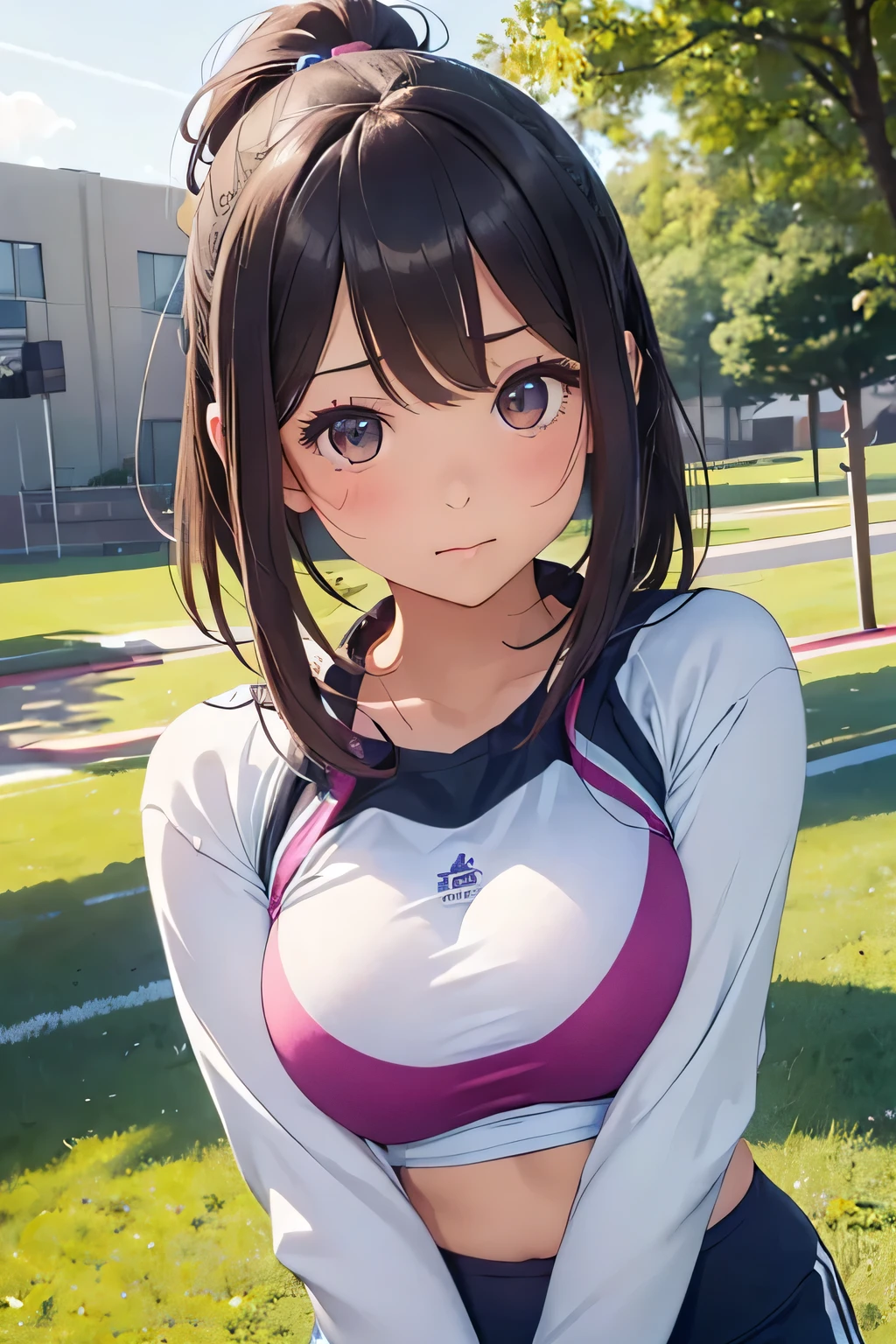 highest quality、High resolution、Detailed Background、(Beautiful face in every detail:1.4)、Anatomically correct、(Detailed facial expressions)、(Detailed eyes:1.2)、age beauty、(Highly detailed face:1.4)、(Huge breasts:1.3)、Cute hair colour、Bobcut、ponytail、attractive thick thighs、Accentuate your underboob、Healthy Beauty、Embarrassed look、Show your side、
(Three beautiful girls in gym clothes are looking at me coldly in the schoolyard.:1.5)、
(Crouching down, from a true-below angle:1.5)、Ultra-close-up of the real thing、
(close-up underwear From below), From below, (Underboob:1.3)