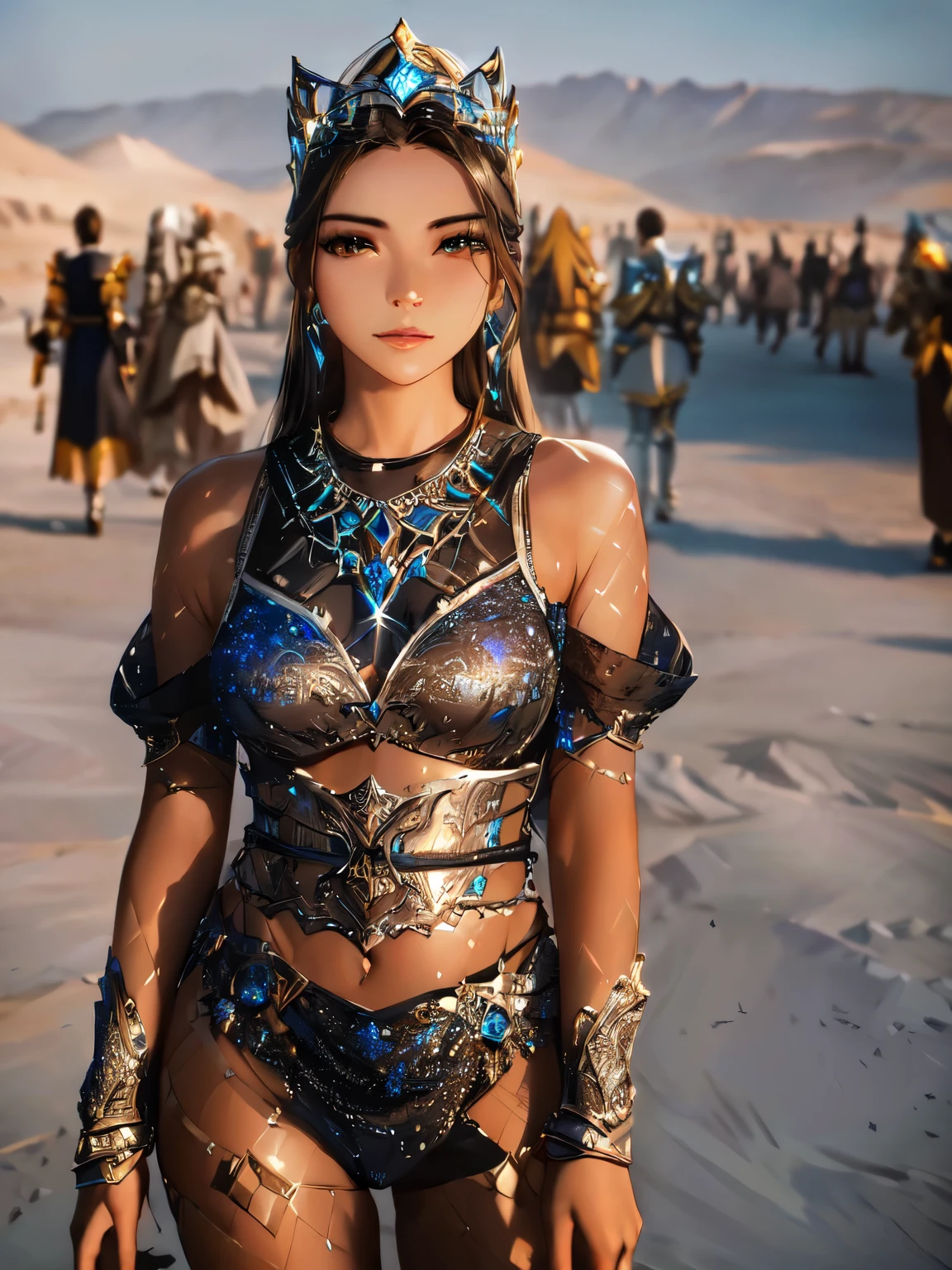 An Arafa woman in a silver and blue outfit poses for a photo, amazing armor, wearing a shiny bib, ornate bikini armor, смесь стилей Burning Man, wear futuristic armor, beautiful armor, Bejeweled costume, wear fantasy armor, wear labradorite body armor, warrior outfit, wearing Louis Vuitton armor, very stylish fantasy armor, suit with blue inserts
