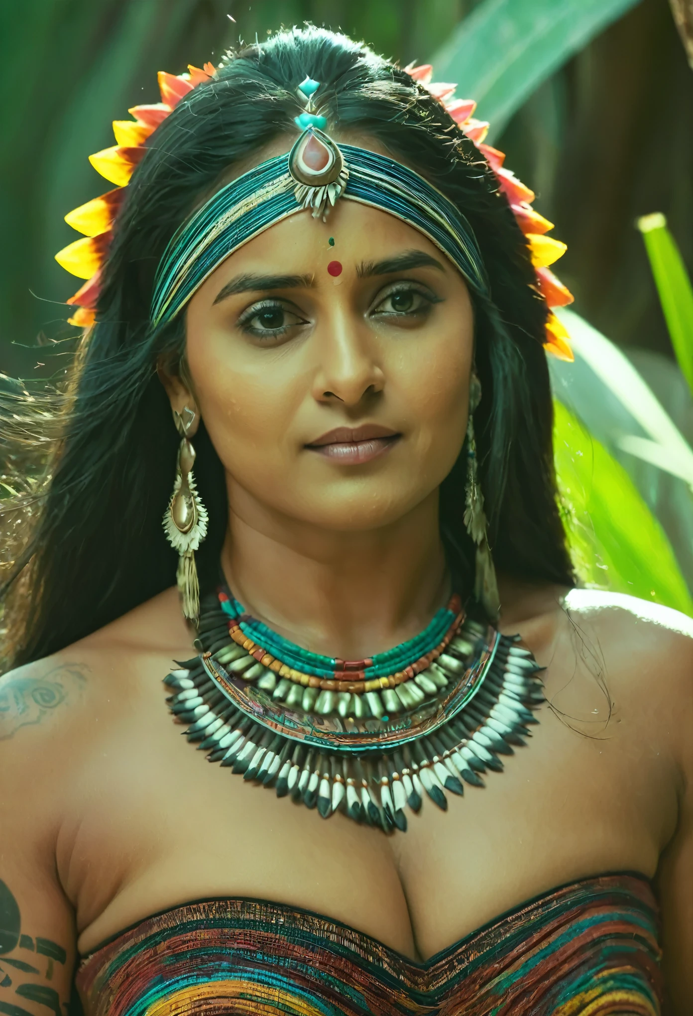 Foto RAW, skin glistening by sweat, looks like Anushka Shetty, thick figure, curvy, milf, 50 years old Woman, tattoo in the middle of her breast, with realistic Indian headdress , tribal girl, stunning looks, tribal headdress, tattoos, colourful tribal tattoos, tribal white girl, Polynesian tribe, best quality , best cinematic colour grading, detailed lighting, high resolution , (pele altamente detalhada: 1.2), 8k UHD, DSLR, soft-lighting, alta qualidade, grain of film, Fujifilm XT3, highly detailed armpits, armpits hair, fully naked, nipples covered by hai, skin pores, skin texture, high quality skin,