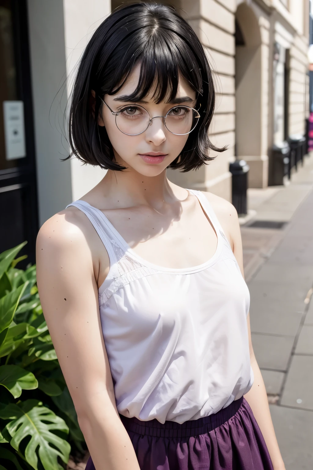 (photo of a 10 year old girl), (black hair, short hair, bangs, hair down to her shoulders) ((round glasses on her face, purple eyes))(white skin) western face, dark circles, sad, tired and droopy face, pimples on the face, thin nose, ((best quality)), ((ultra resolution)), ((Photorealistic: 1.4)), (complex details), (clothes: black clothes), thin waist.