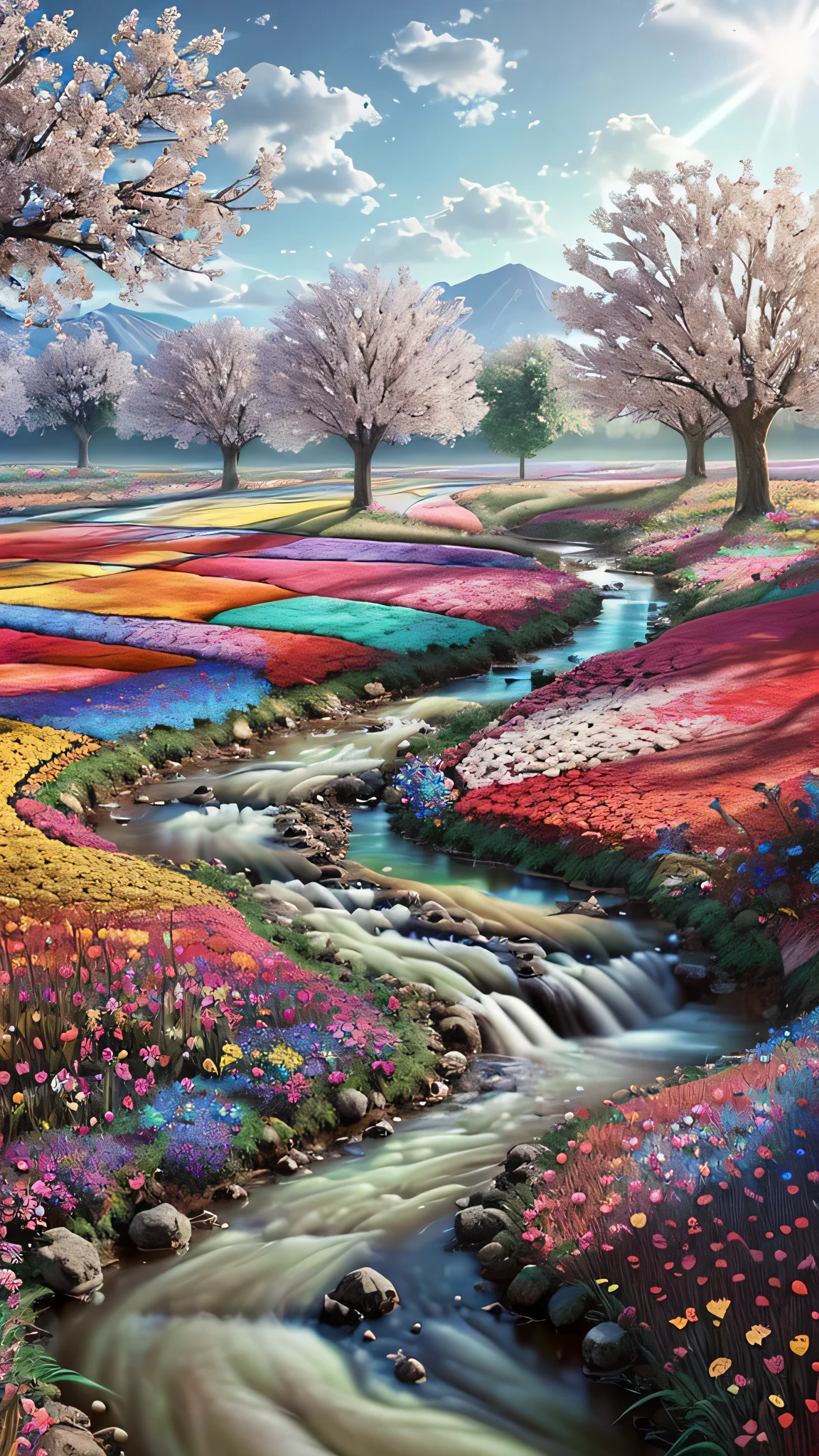 a beautiful landscape of a flower field crossed by a bubbling stream. vivid and intense colors, hyper-detailed image. fruit trees, global illumination. 8k uhd
