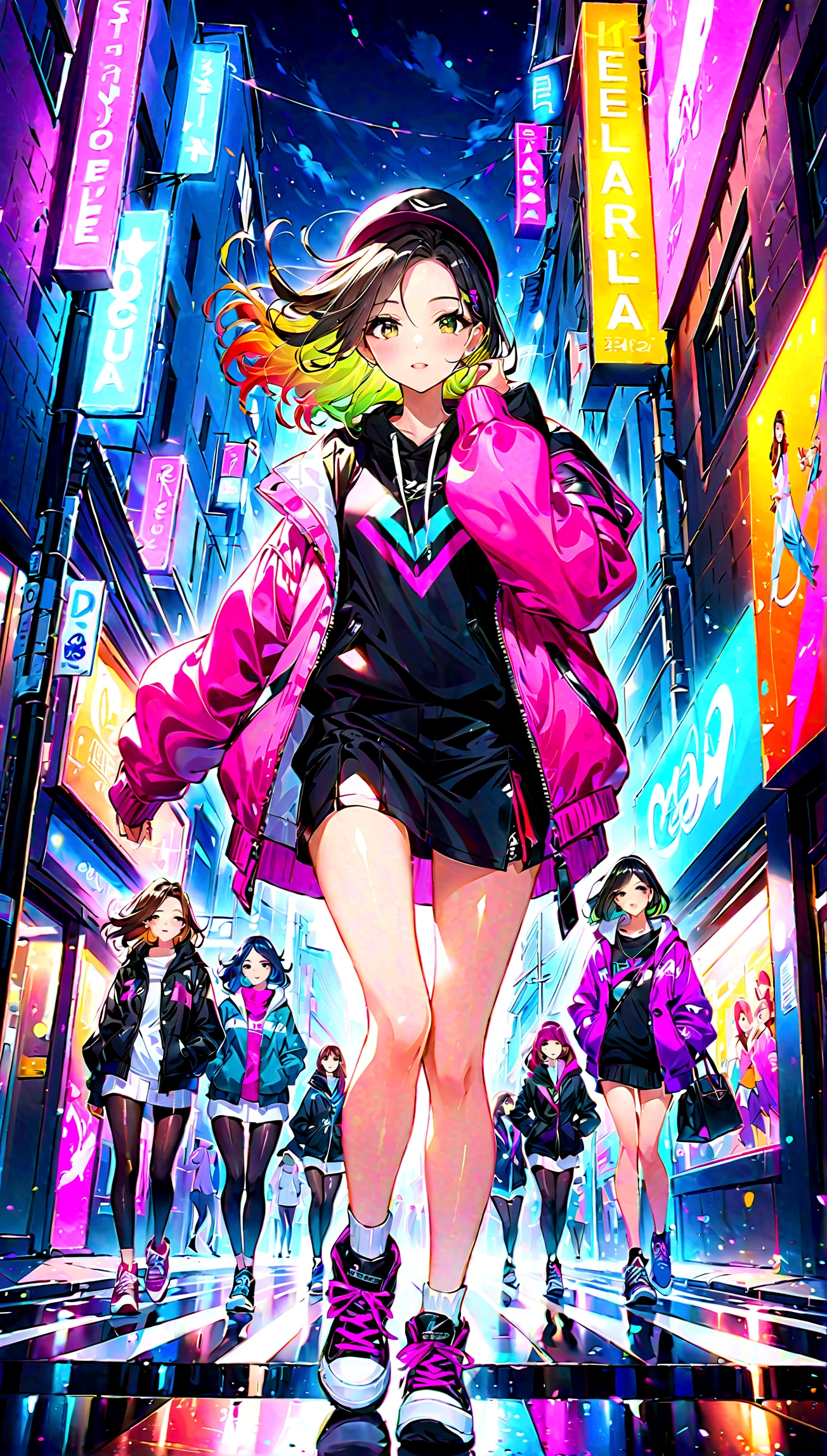 (high resolution:1.2),ultra detallado,realista,Sharp focus,vistoso,grupo de amigas,ropa vibrante,alegres, escena divertida,energy efficiency,city backdrop, urban atmosphere, escena callejera bulliciosa, ajetreo y bullicio, expresiones faciales expresivas,dynamic pose, accesorios originales, confident stage presence, attention-grabbing fashion style, unique street style,vida nocturna de la ciudad,neon lights illuminating,cultura de la moda callejera,youthful energy,multitud gritando,vibras positivas,Cultura Hip-Hop,escena musical urbana,fusion of music and art..,zapatillas con estilo,cultura del graffiti urbano,calles salpicadas de pintura,escaparate de talento urbano,vivid colors,stunning images,alto energy efficiency,Electric atmosphere,musical expression,Estilo de vida urbano